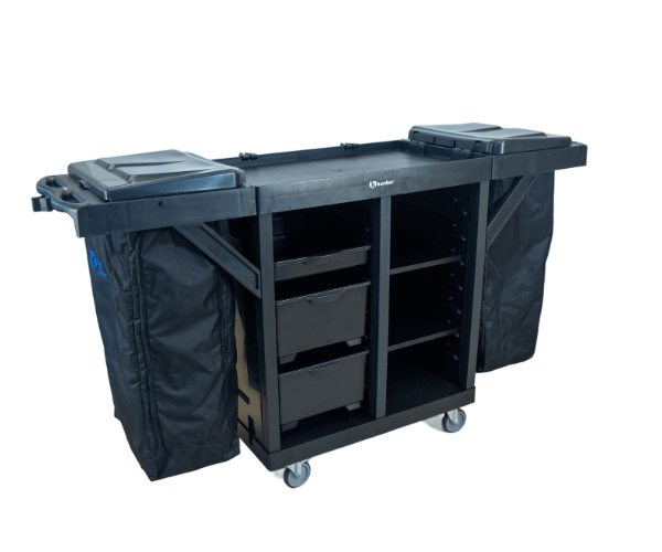 18286 carro black aberto com uma bolsa e uma gaveta e dois gavetoes CARRO CAMAREIRO LINHA UTILITY ALL BLACK PRATELEIRA E GAVETEIRO E UM COLETOR BOLSA (SEM PORTA) - KUNBER - Imagem 1
