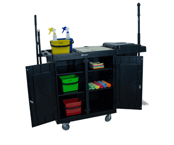 18276 carro black duplo fechamento com uma bolsa e duas prateleiras (3)_1 CARRO CAMAREIRO LINHA UTILITY ALL BLACK 02 PRATELEIRAS E UM COLETOR COM BOLSA COM PORTA - KUNBER - Imagem 1