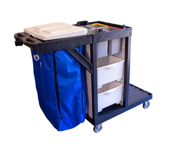 18024 CARRO FUNCIONAL LINHA UTILITY ABERTO, FRONTAL, DOIS GAVETÕES, PORTA BALDES E BOLSA AZUL KUNBER - Imagem 1