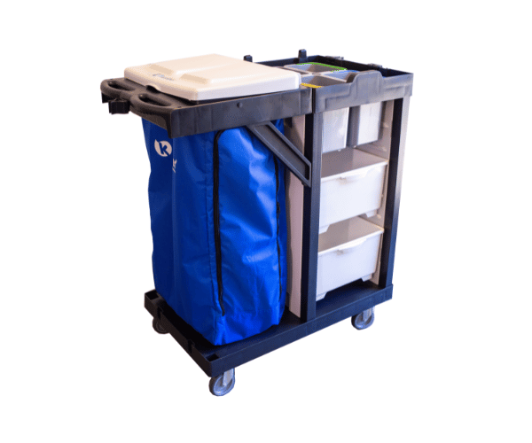 18034 CARRO FUNCIONAL LINHA UTILITY ABERTO, FRONTAL, DOIS GAVETÕES, PORTA BALDES E BOLSA AZUL KUNBER - Imagem 1
